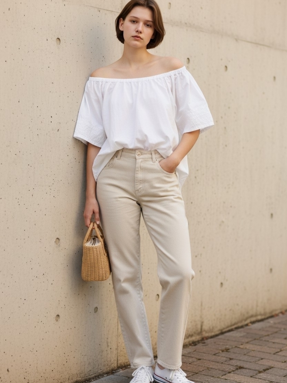 Jeune & Jolie White Elastic-Neck Blouse
